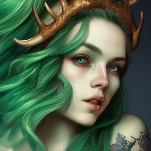 Green-Haired Woman with Antlers: Detailed Fantasy Portrait