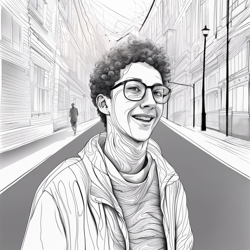 Joyful Boy Walks London Streets: Line Art Illustration