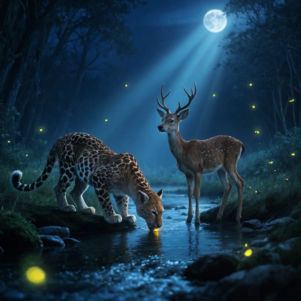 Dreamy Night Scene: Puma and Deer Drink from River