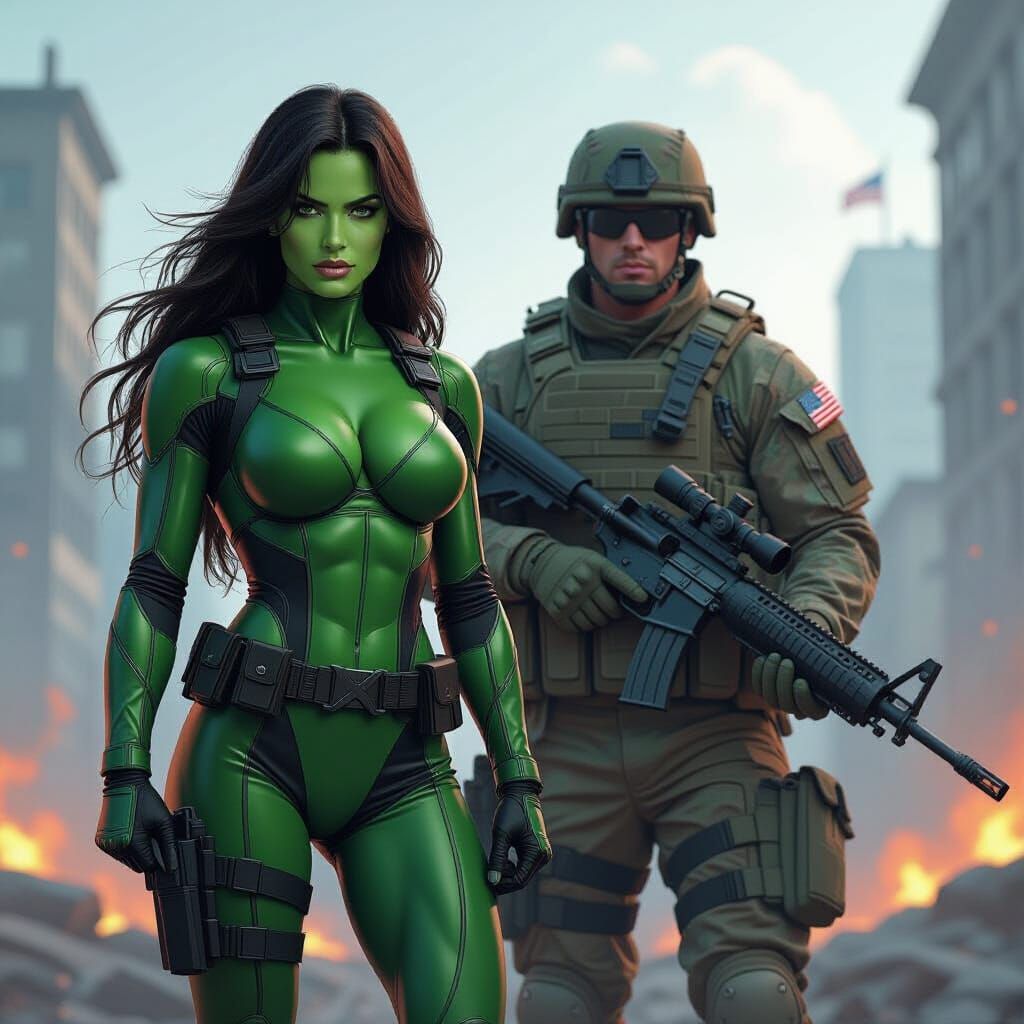 She Hulk and Soldier in Urban Battleground
