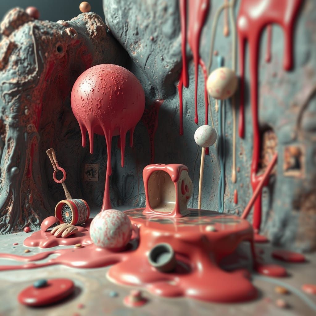 Surreal Melting Objects in Dreamlike Landscape