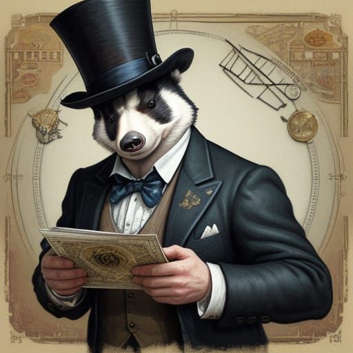 Badger in Top Hat: Expressionist Steampunk Oil Painting
