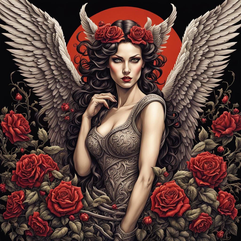 Beautiful Fallen Angel with Impish Grin Illustration