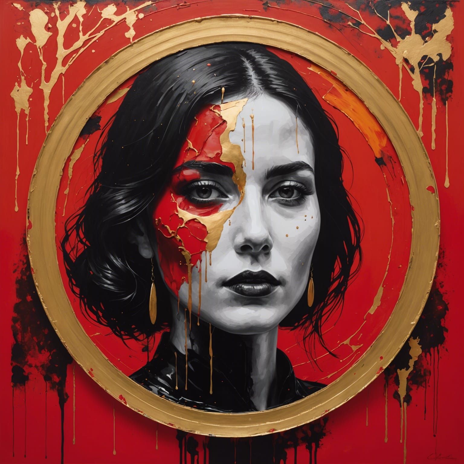 Monochrome Portrait with Red and Gold Abstract Accents