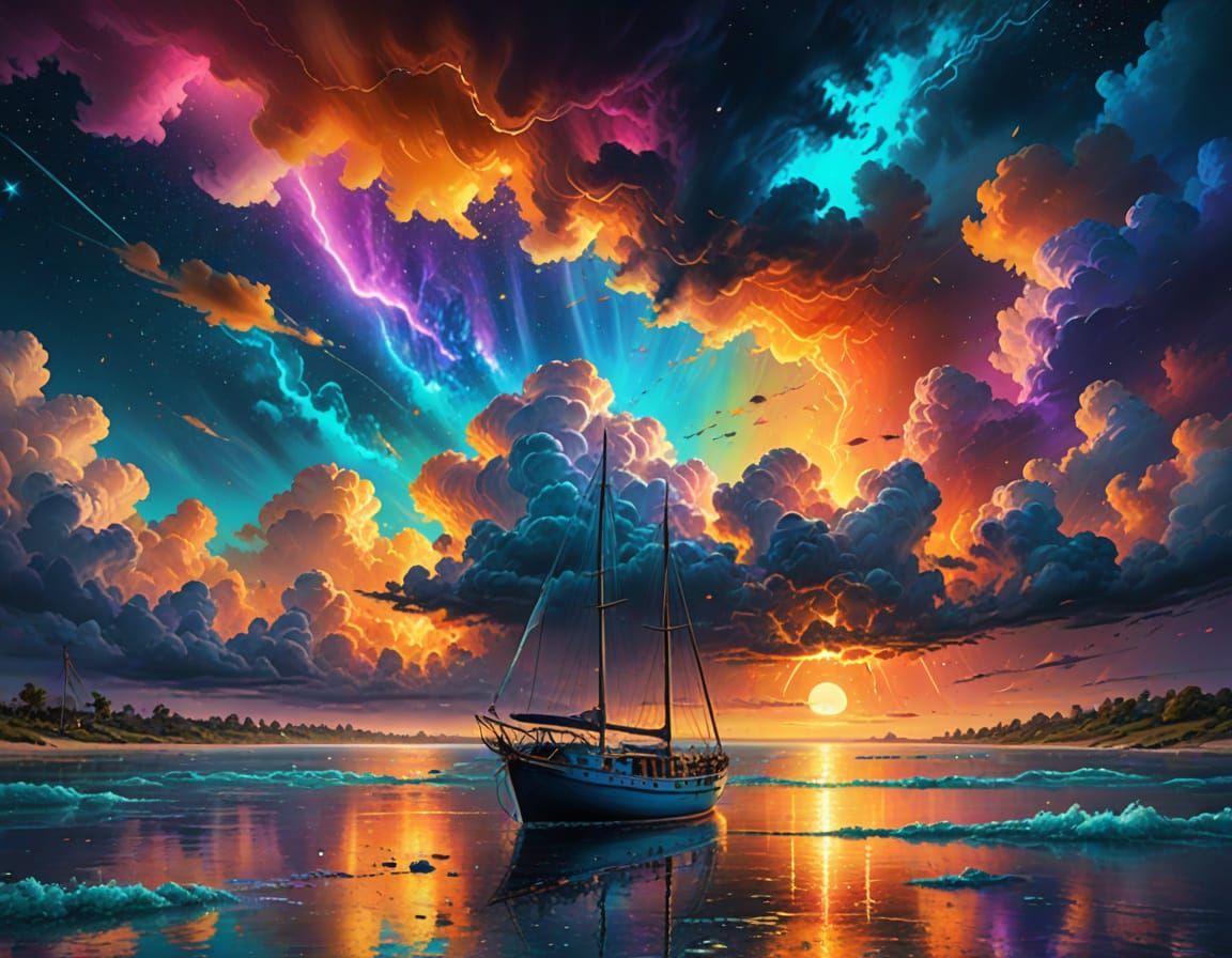 Sunset Sailboat Amidst Exploding Stars: Hyperrealism