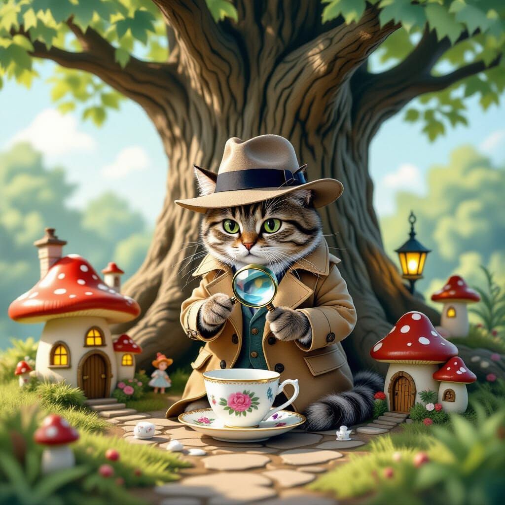 Cat Detective Investigates Fairy Village in Digital Art