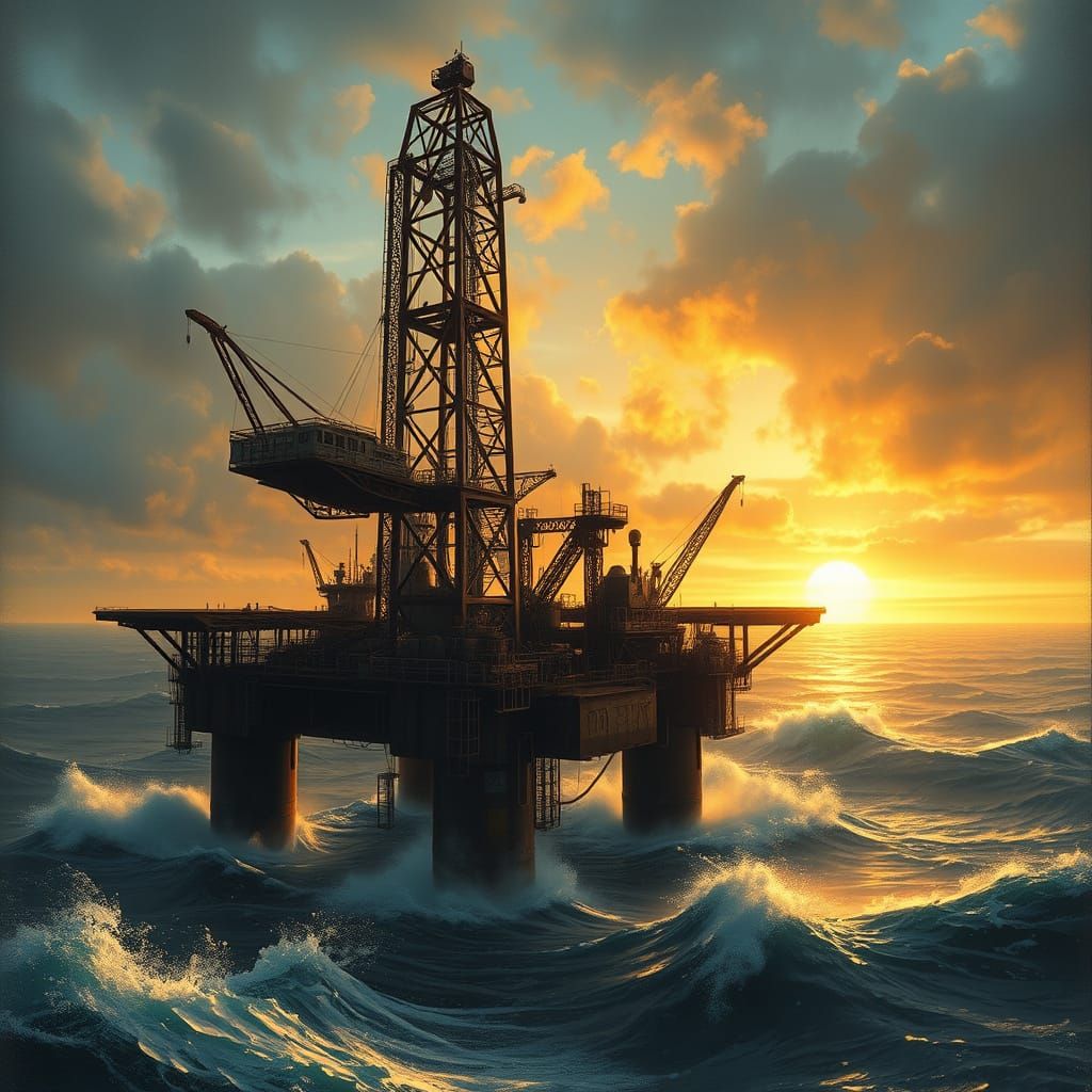 Industrial Oil Rig at Sunset Amidst Turbulent Ocean