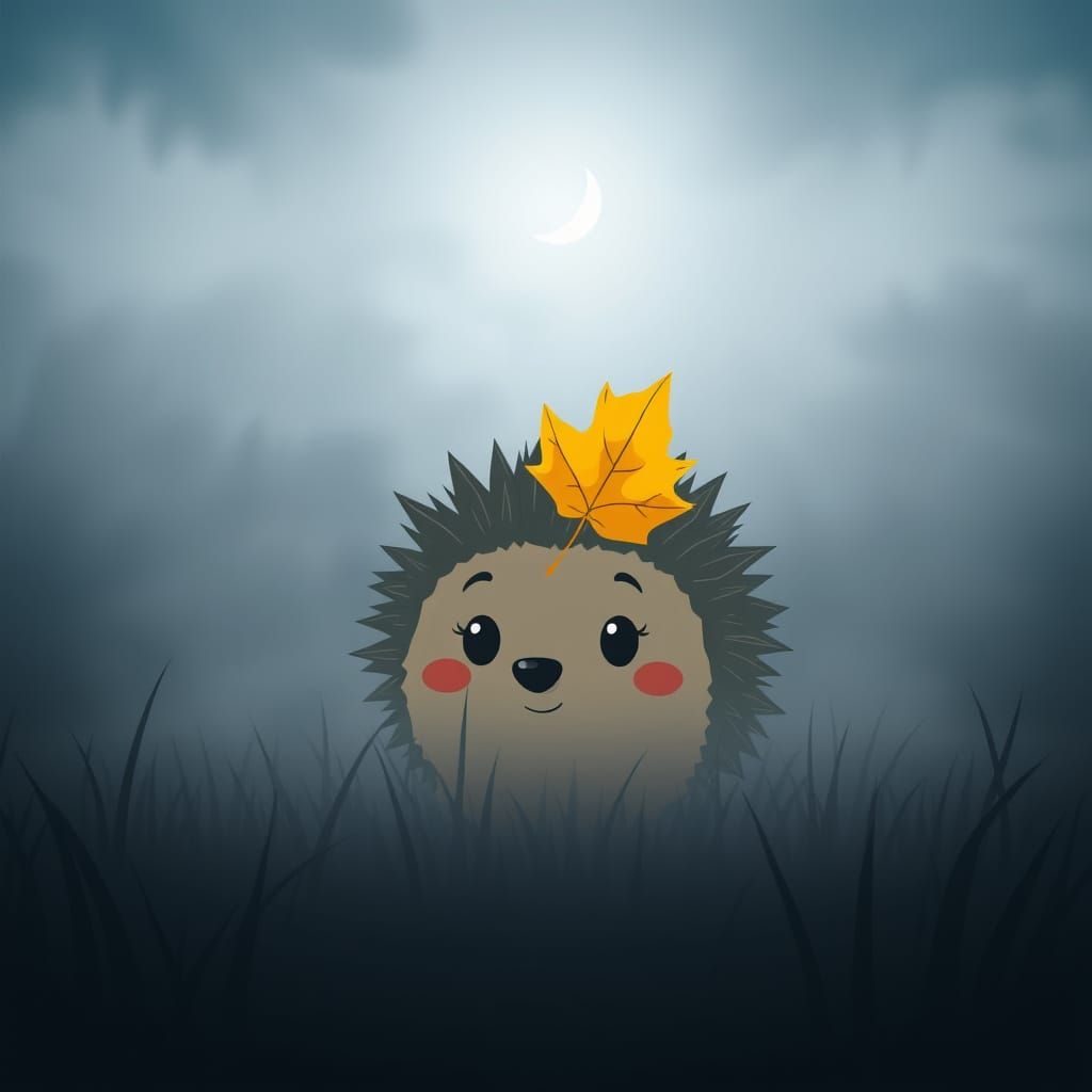 Cartoon Hedgehog in Foggy Field at Night