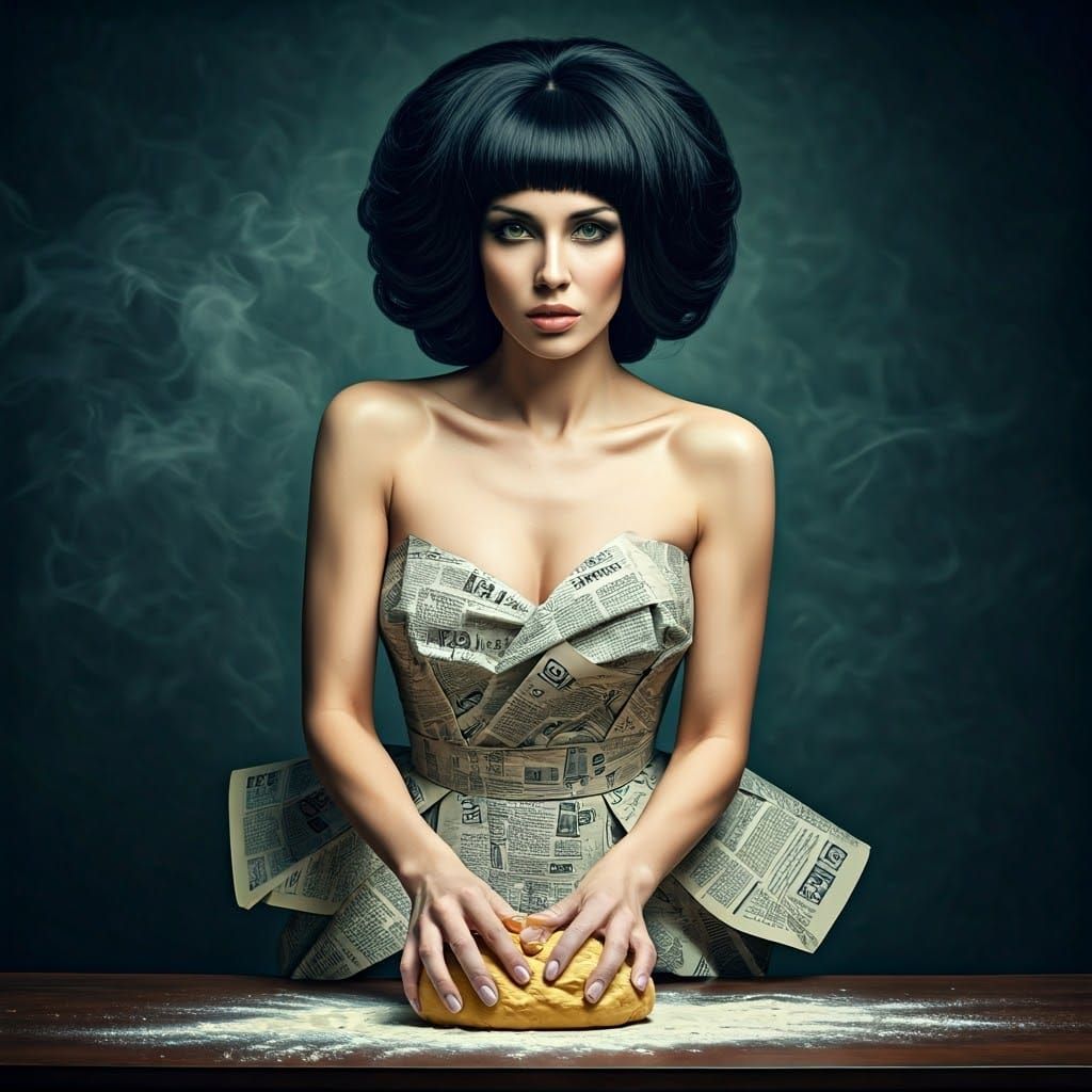 Woman Kneading Dough in Surrealist Kitchen