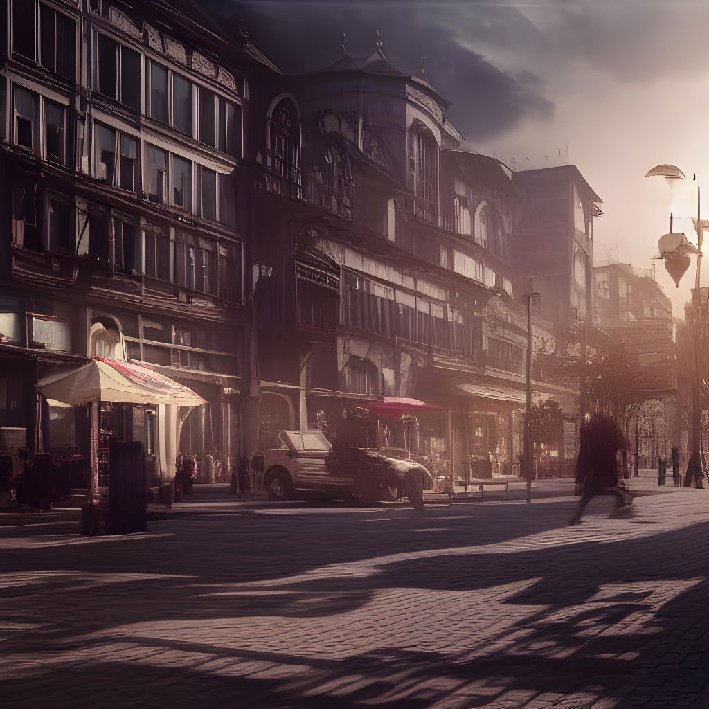 Hyperrealistic Industrial Town Square in Maximalist Style