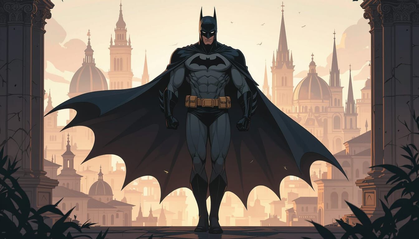 Batman in Renaissance Cityscape, Digital Da Vinci Style