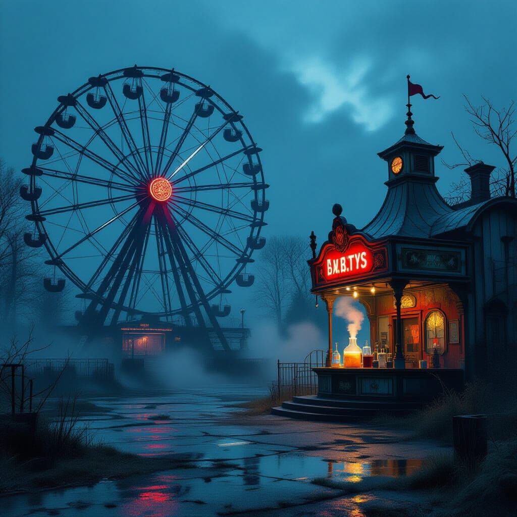 Abandoned Amusement Park at Twilight in Gothic Style