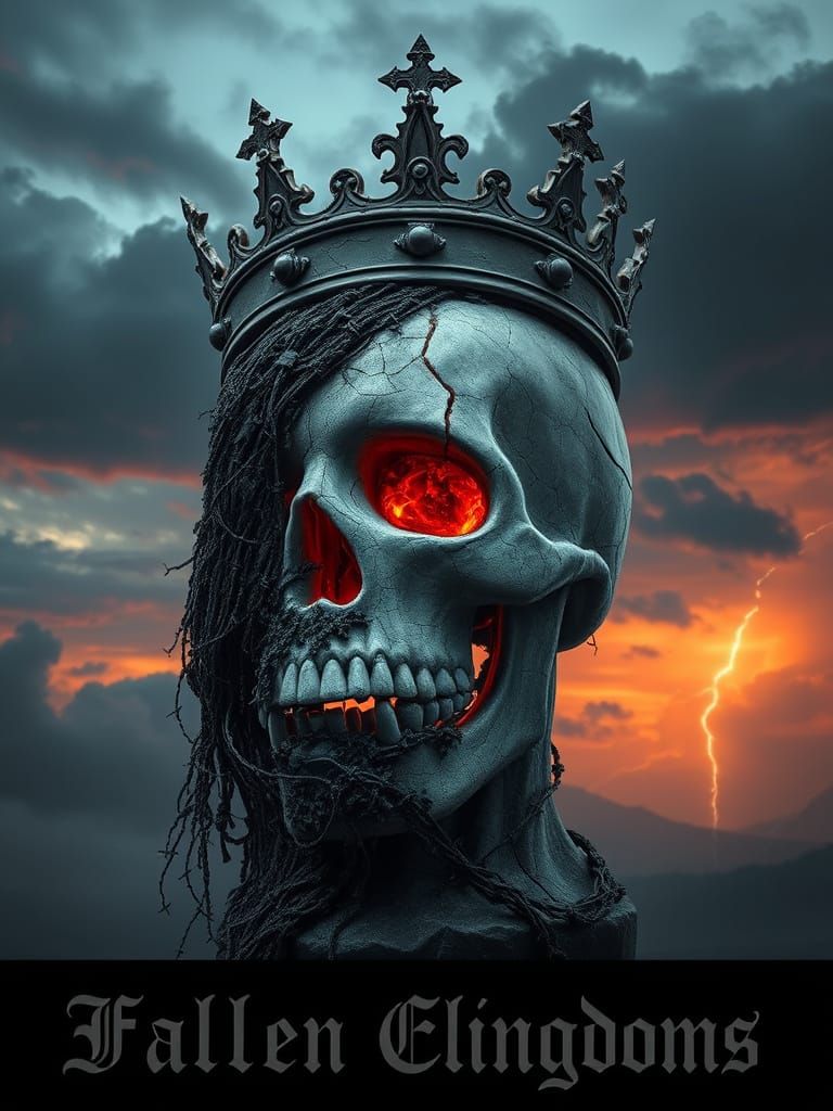 Cracked Marble Skull Statue with Ivy and Stormy Sky