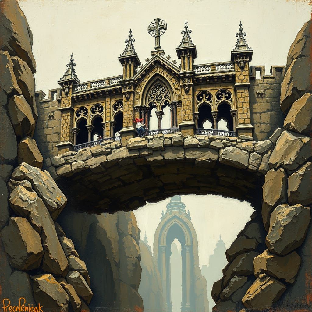 Fantasy Stone Bridge Supported by Giant Hands: Impasto Paint...