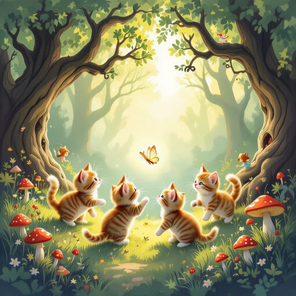 Mischievous Kittens Chase Spectral Butterfly in Enchanted Fo...