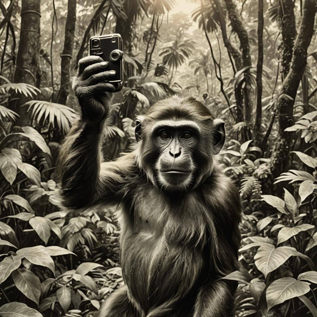 Monkey Self-Portrait: Vintage Jungle Photography