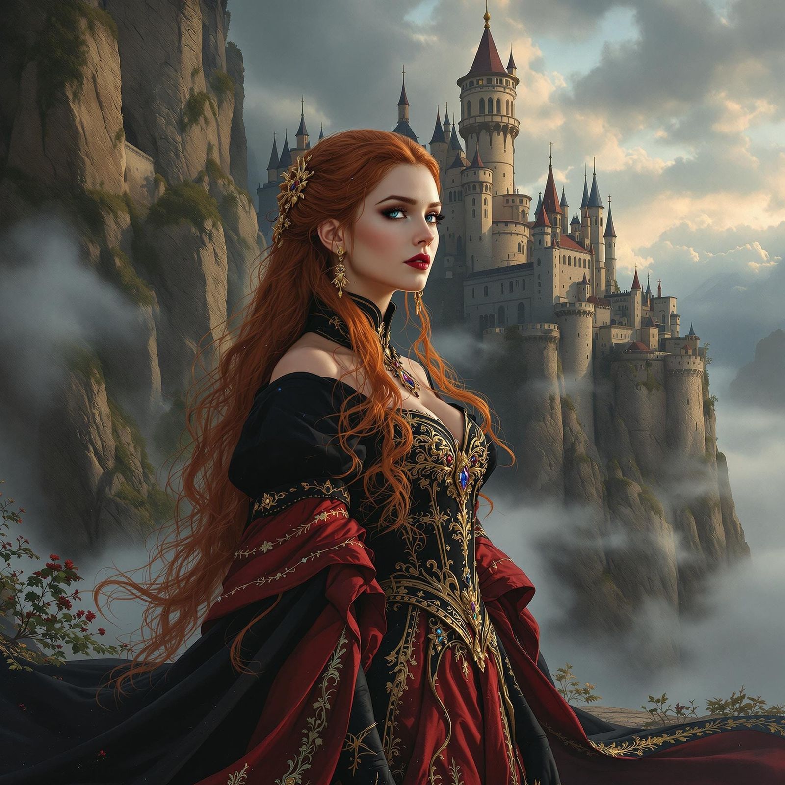 Medieval Queen with Red Hair in Fantasy Landscape