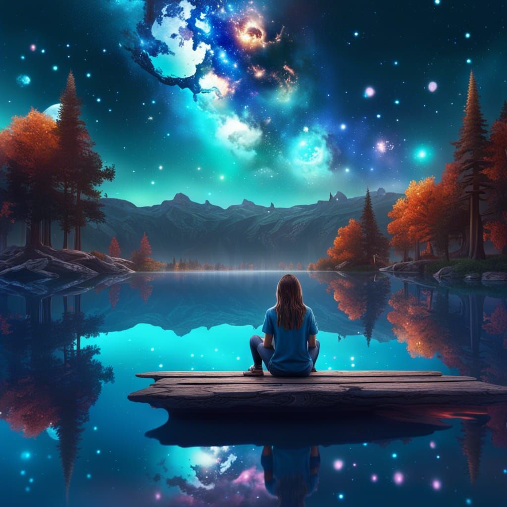 Galaxy Above Lake with Reflected Girl: Fantasy Art