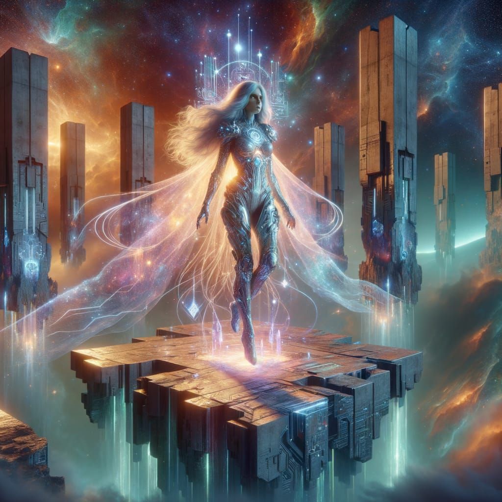 Cosmic Warrior Princess Amidst Nebula in Art Nouveau Style