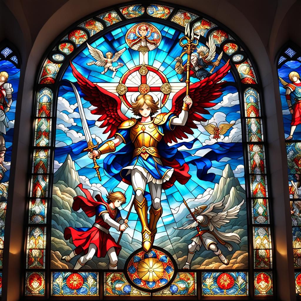 Stained glass window representing St Michael