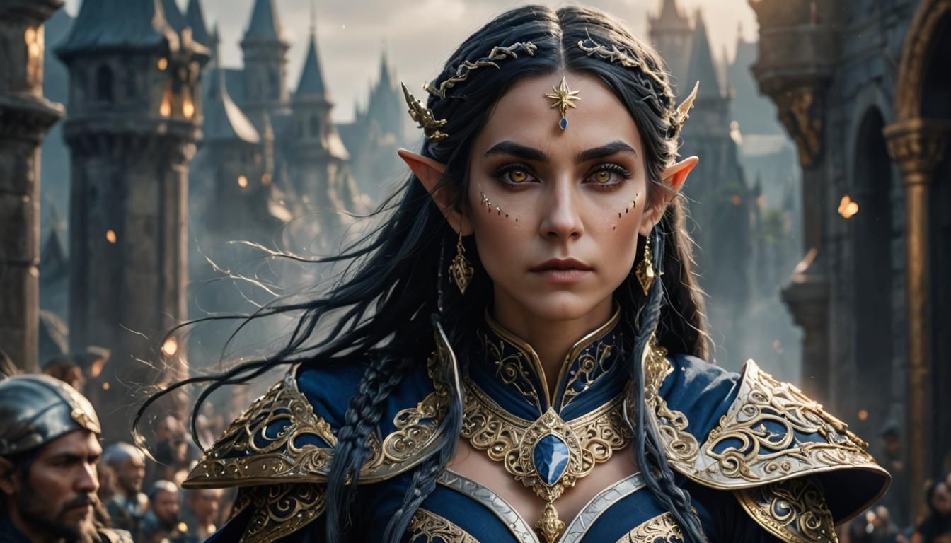 Fierce Elf Magician in Ornate Battle Attire