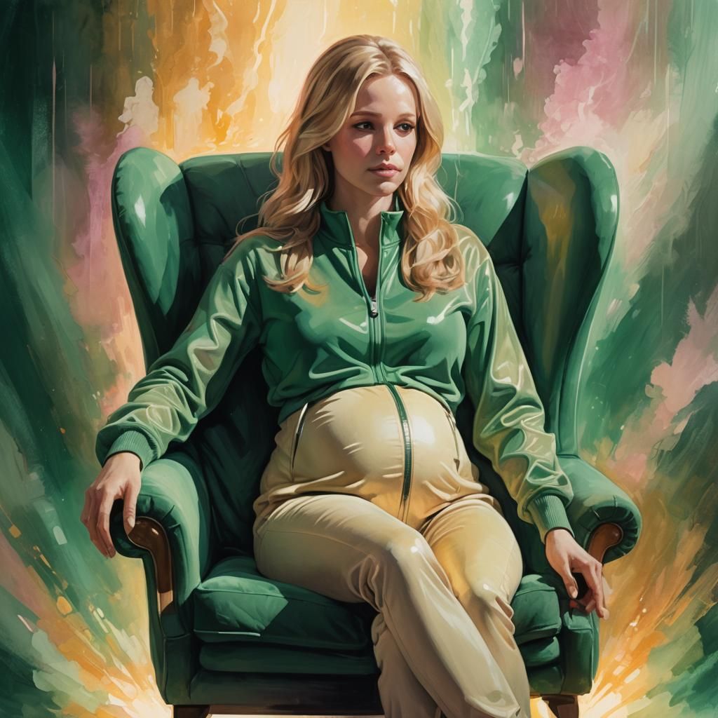 Pregnant Woman in Dreamy Emerald Light, Digital Art