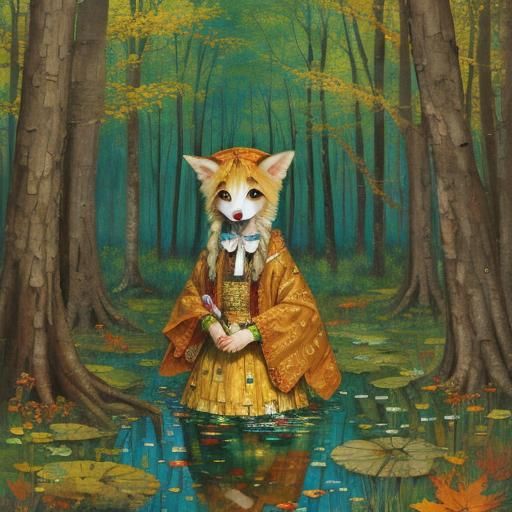 Autumn Fox in Forest Illustration with Klimt Influence