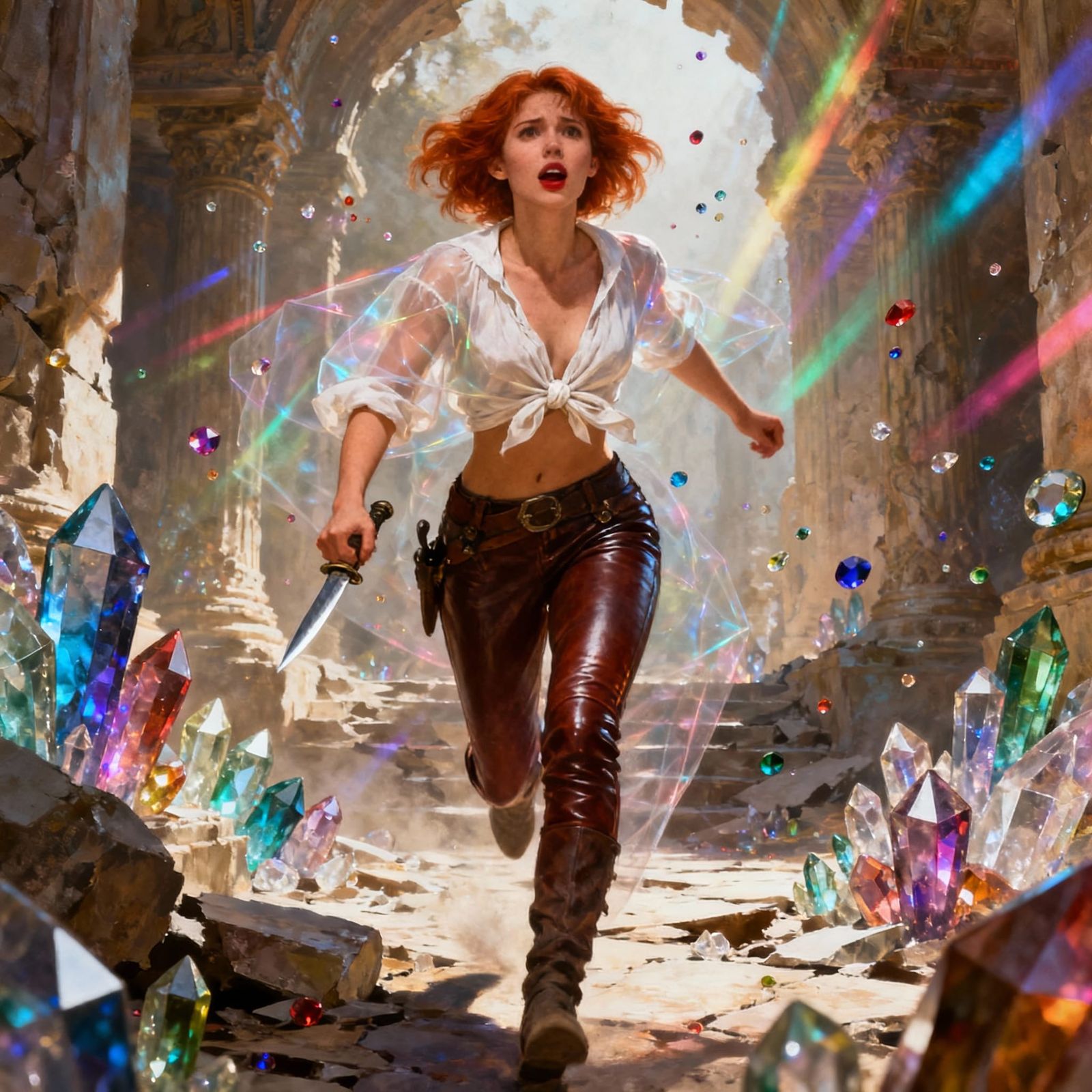 Adventuress in Crystal Temple, Detailed Matte Painting