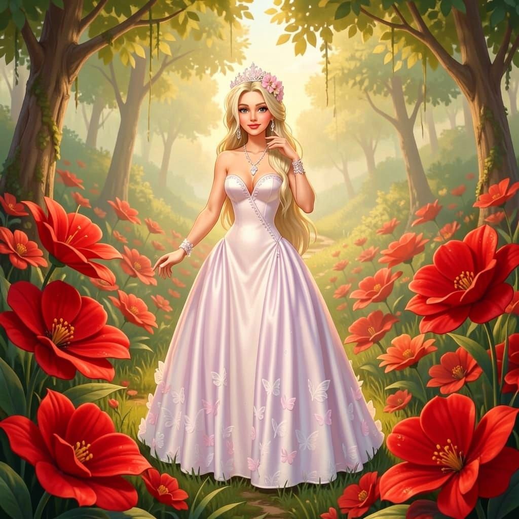 Lady Jane in Enchanted Forest of Red Giant Flowers