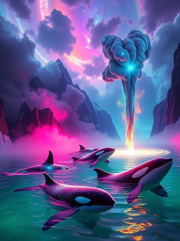 Bioluminescent Orcas Swimming in a Neon Ocean