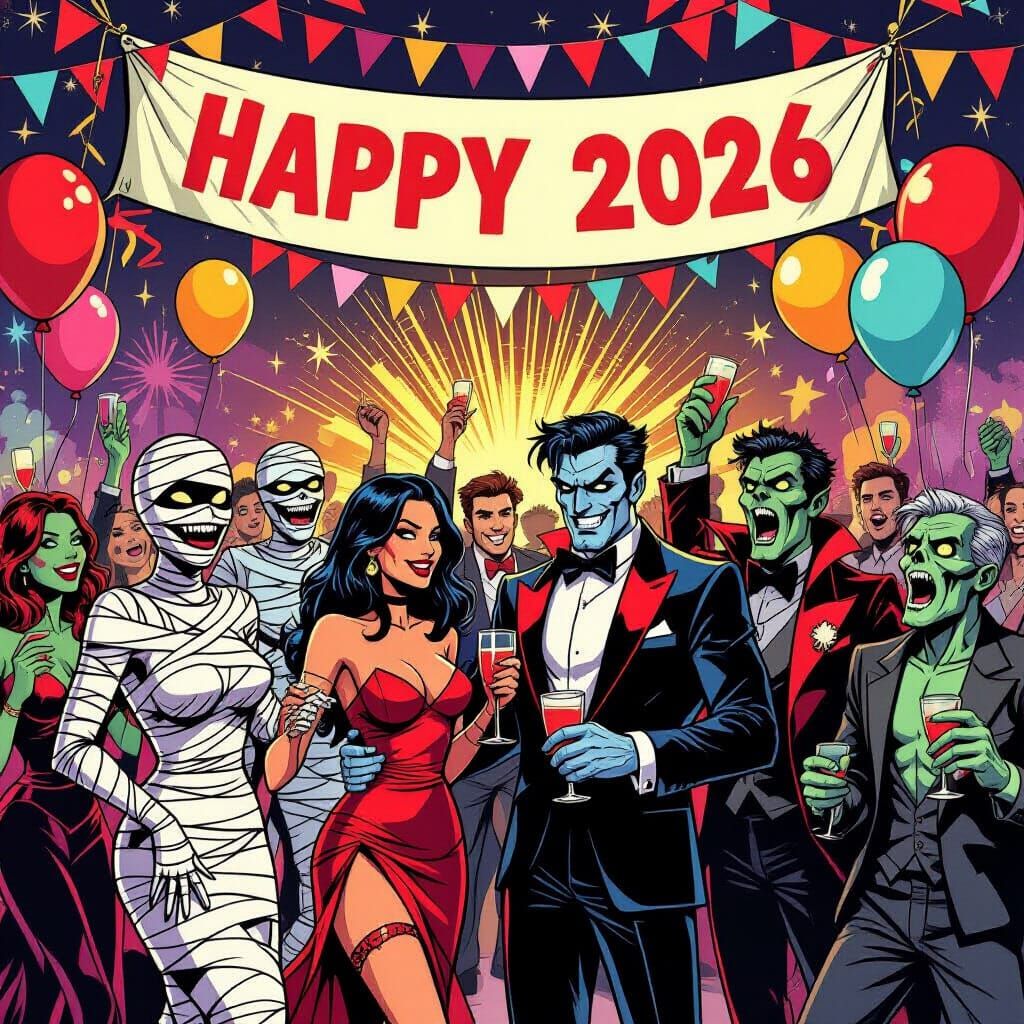 Monsters Celebrate New Year's Eve 2026 in Comic Style