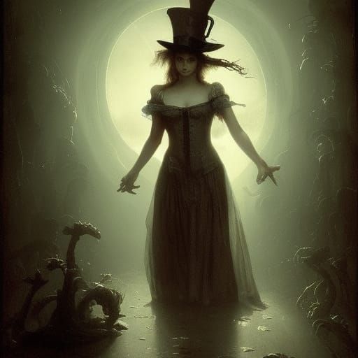 Horrific Female Mad Hatter in Engraving Style