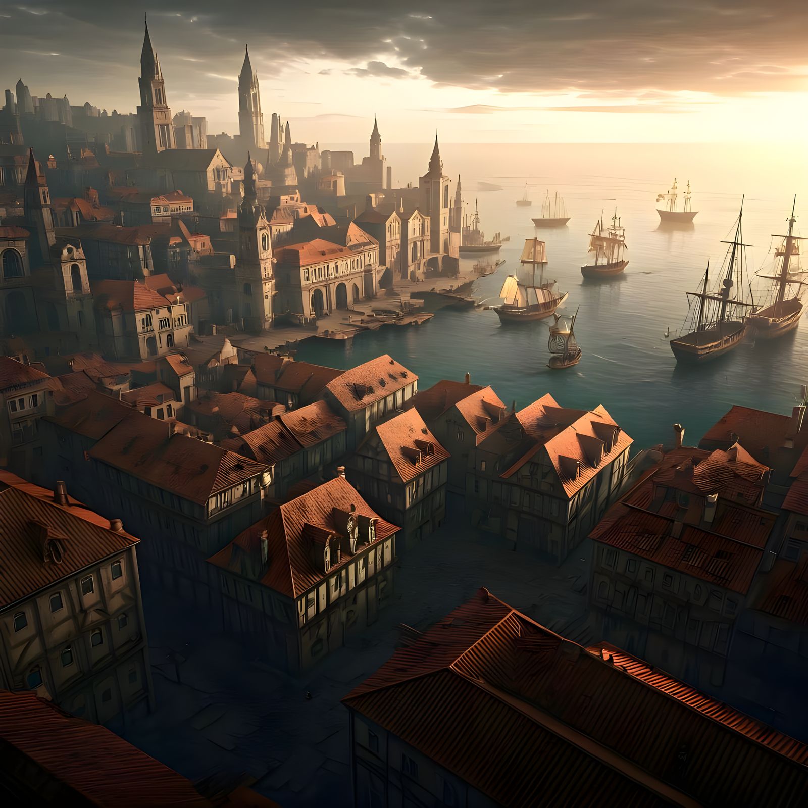 Medieval European Cityscape from Above, in Epic Cinematic St...