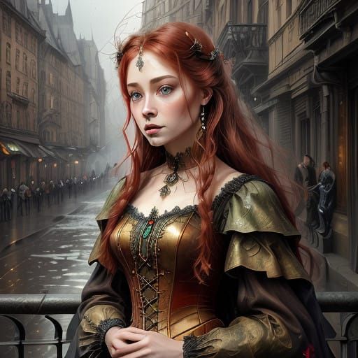 Steampunk Goddess in Gothic Cityscape