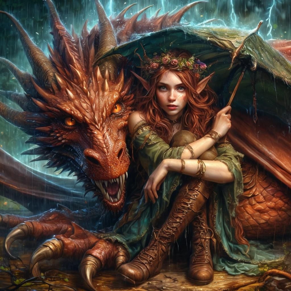 Elf Sheltered by Dragon in Rainstorm: Digital Oil Painting