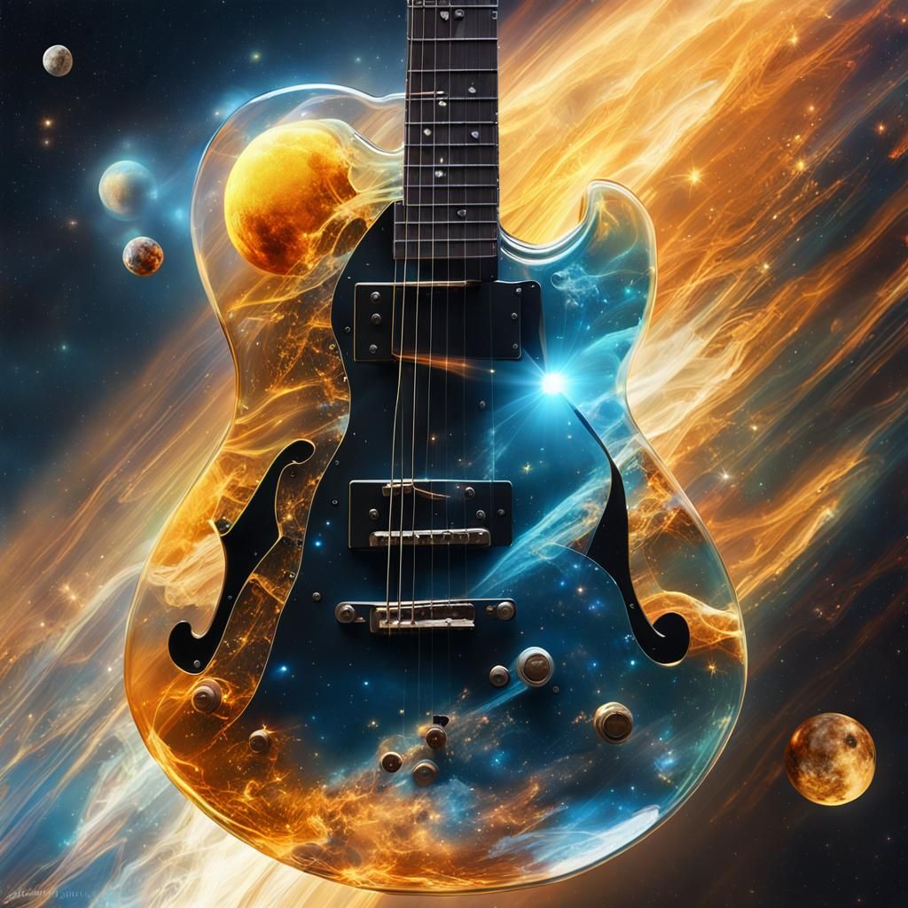 Glass Guitar Flies Through Iridescent Nebula