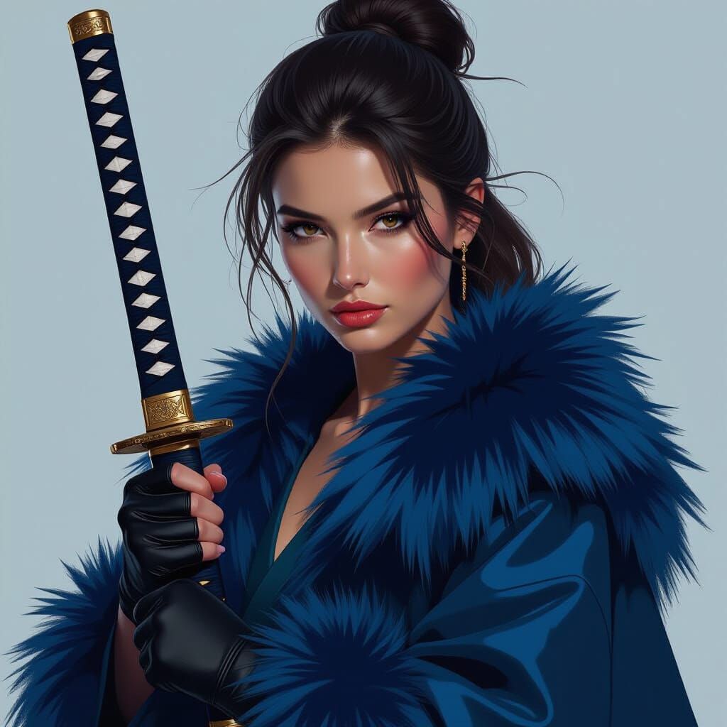 Fair-Skinned Warrior in Blue and Black Fur Coat with Katana