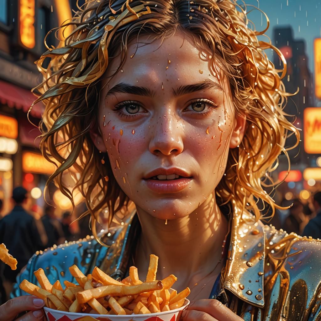 Woman Enjoys Fries in Dynamic Lighting