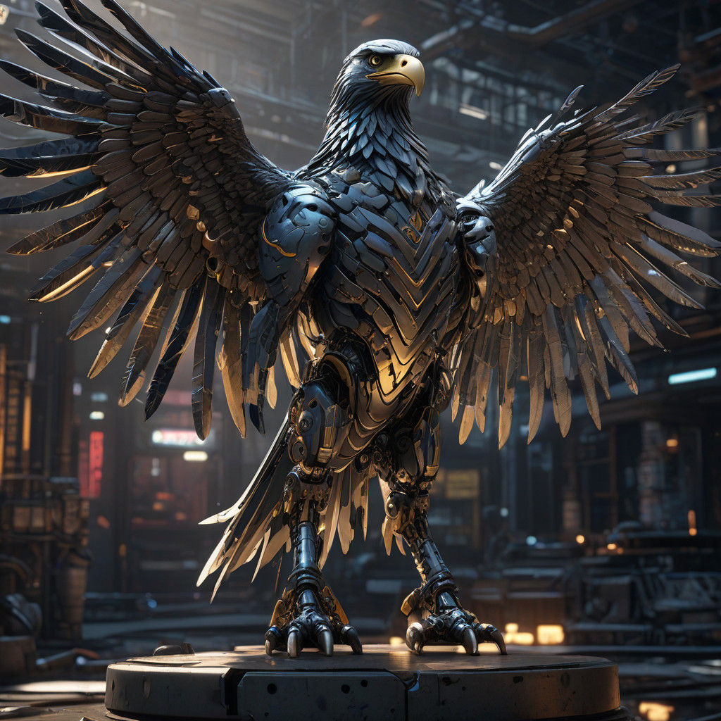 Cybernetic Eagle Ascends in Golden Hues