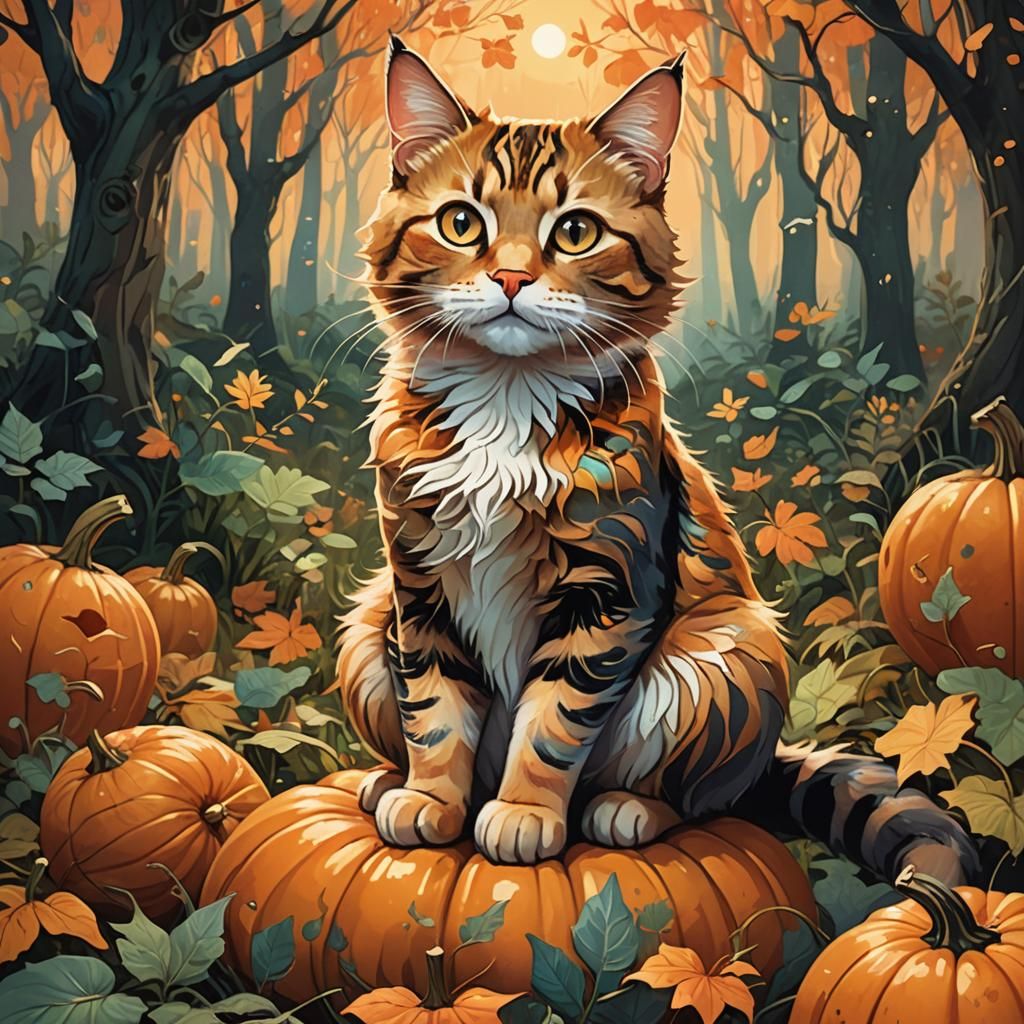 Cute Cat on Pumpkin in Mystical Forest