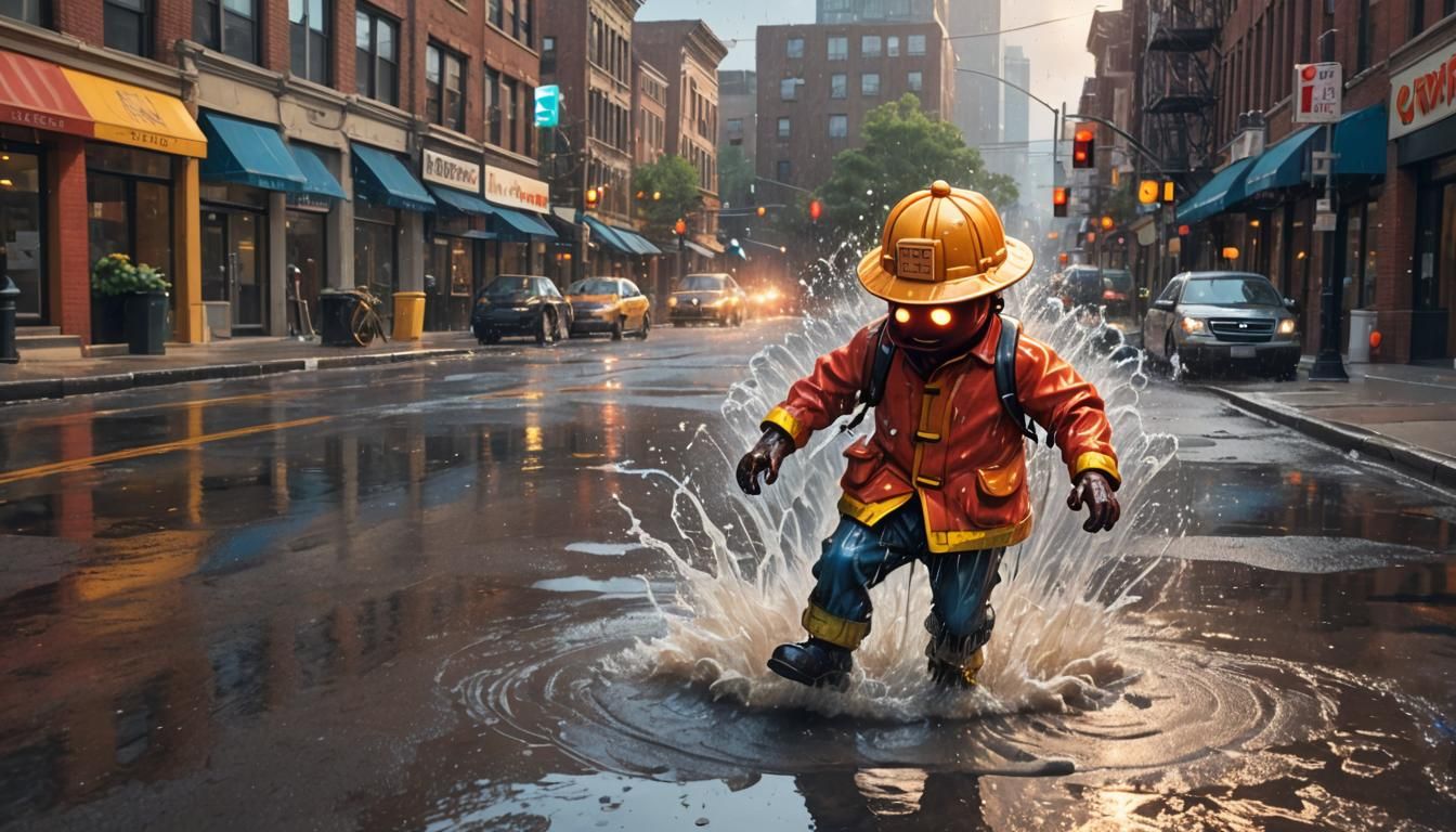 Cartoon Fire Hydrant Splashing in Rainy Street