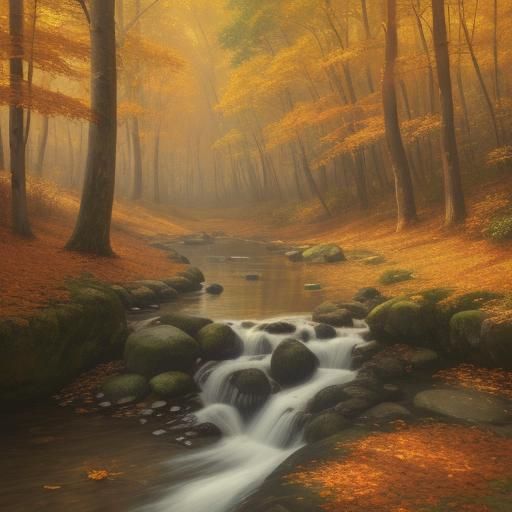 Serene Autumn Landscape with Cozy Cabin as Oil Painting