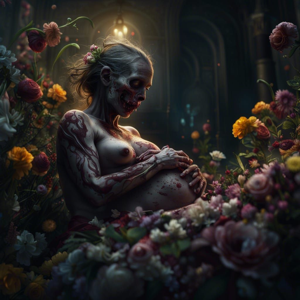 Pregnant Zombie Giving Birth with Flowers