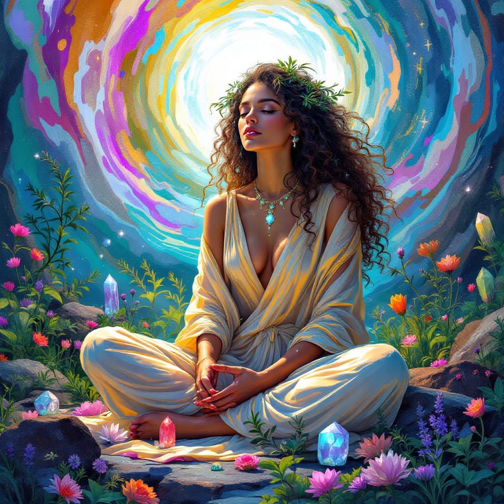 Meditative Goddess Surrounded by Nature, in Comic Style