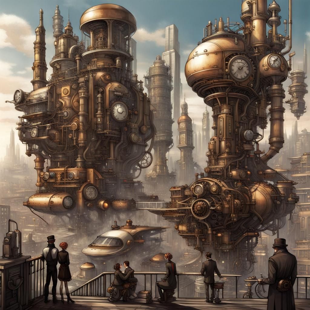 Steampunk Cityscape: Humans and Androids Living Together