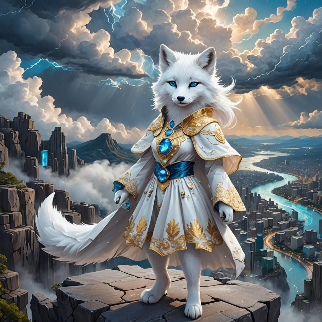 Fox Furry Overlooking City, Cosmic Illustration