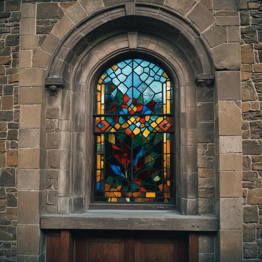 Stained Glass Transom Window: Cinematic Film Still