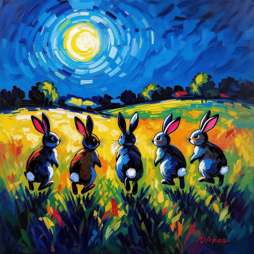 Five Rabbits in Moonlight Field Neo-Impressionist Oil Painti...