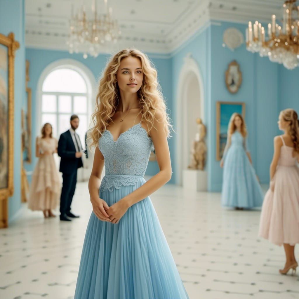 Figure in White Dress Interviewed in Art Gallery