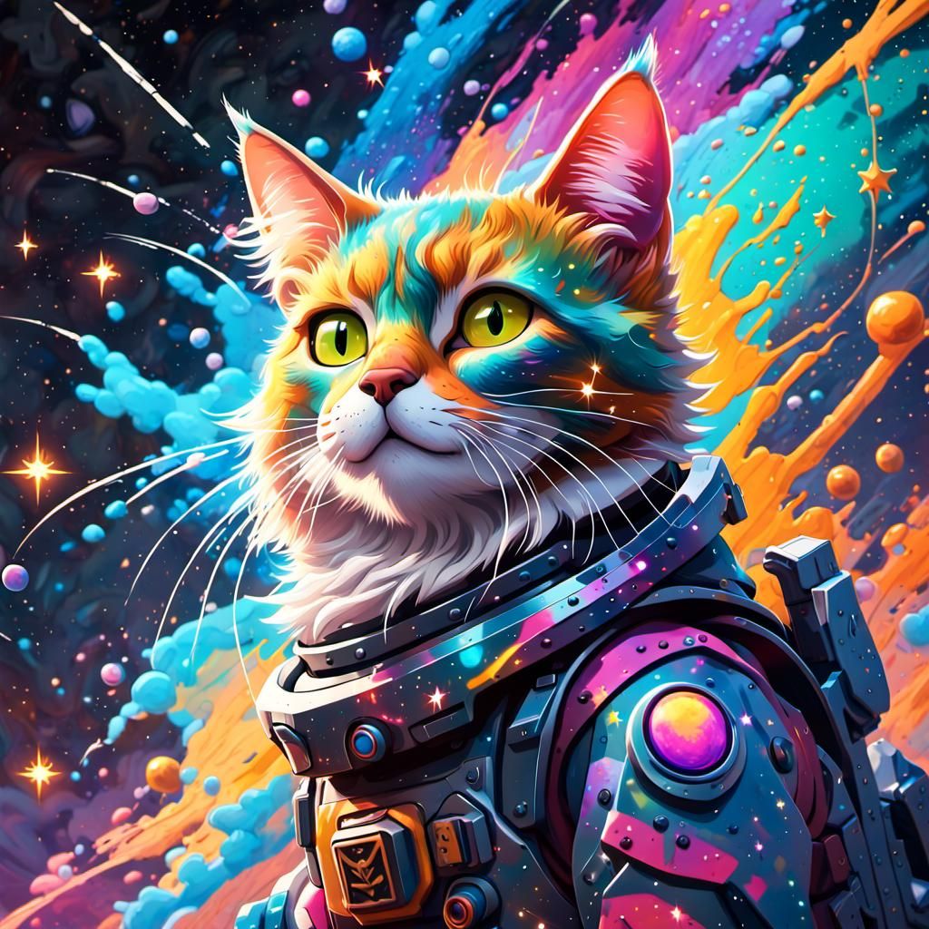 Galactic Warrior Cat in Street Art Style